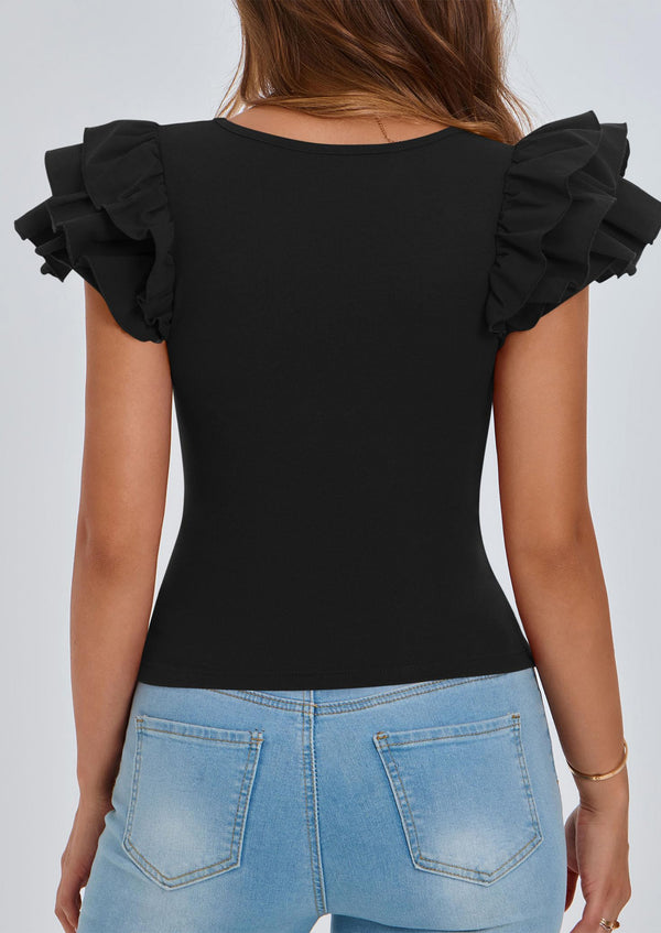 Ruffle Short Sleeve Casual Basic Fitted Crew Neck T-shirts