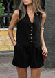 Button Down V Neck Vest Sleeveless Tops And Pockets Shorts 2 Piece Suits Sets