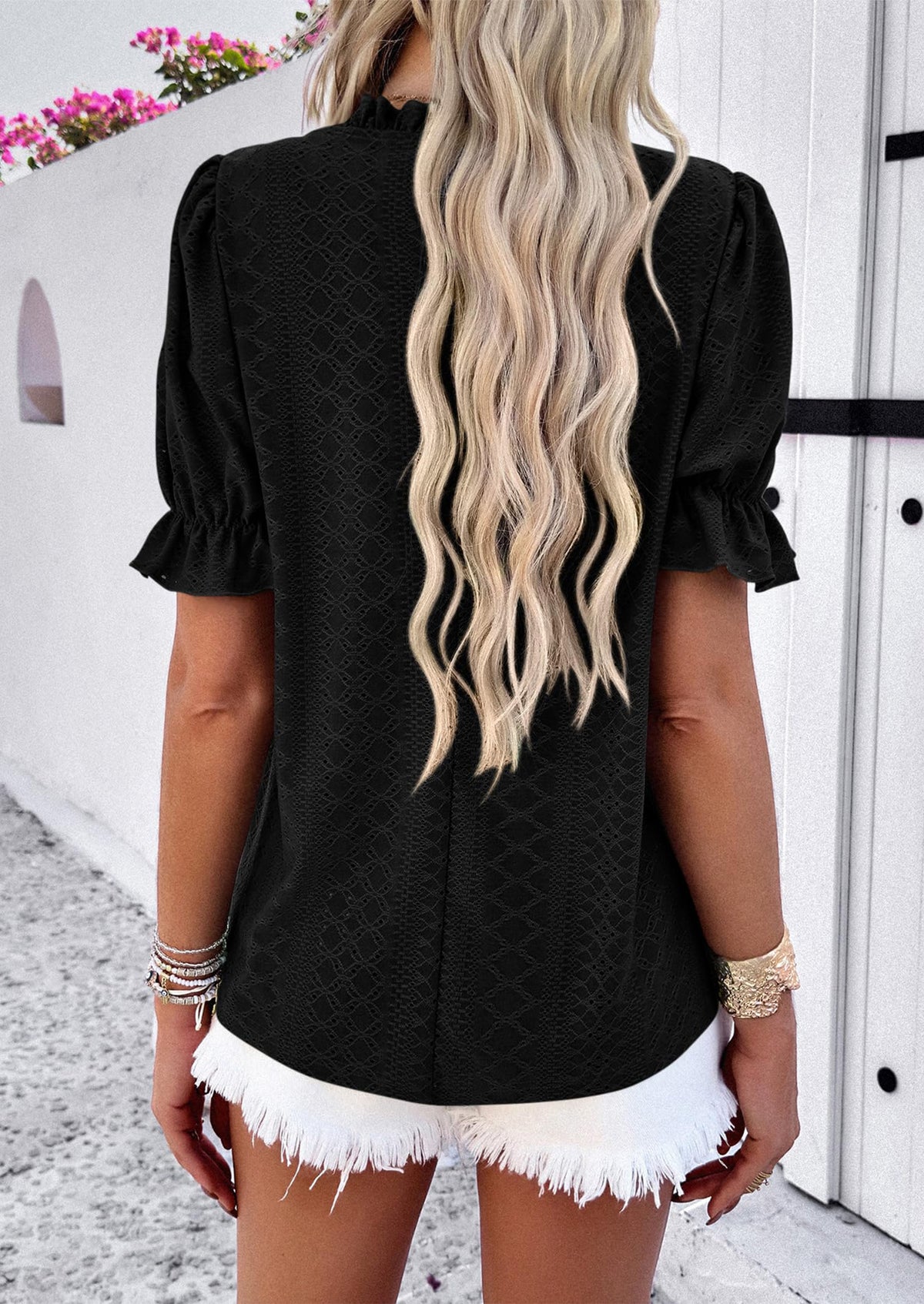 Casual Crew Neck Ruffle Short Sleeve Eyelet Babydoll Blouse