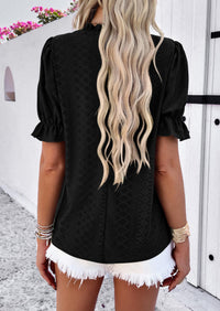 Casual Crew Neck Ruffle Short Sleeve Eyelet Babydoll Blouse