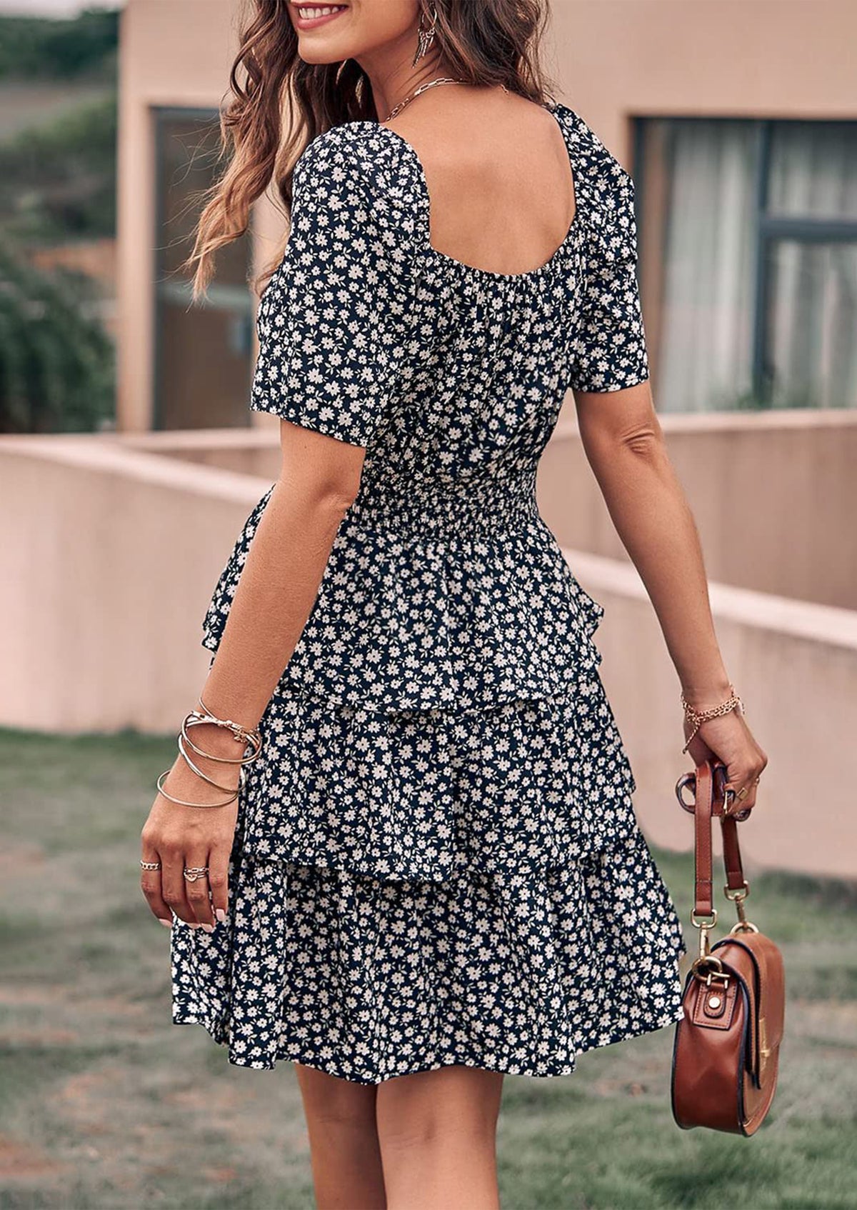 Floral Square Neck Short Sleeve Tiered Ruffle Boho Dresses
