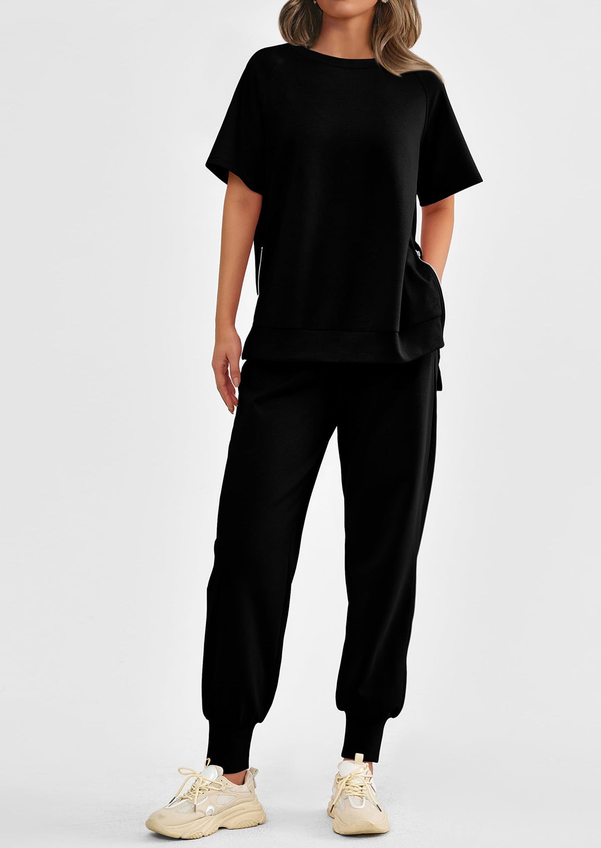 Casual Short Sleeve Tops High Waisted Sweatpants Two Piece Sets