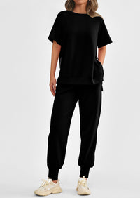 Casual Short Sleeve Tops High Waisted Sweatpants Two Piece Sets