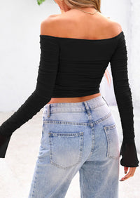 Long Sleeve Casual Off Shoulder Ruched Mesh Slim Fit Going Out Blouses