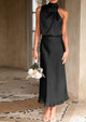 Satin sleeveless stand up collar party long dress