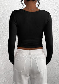 Long Sleeved V-Neck Button Slim Knit Solid Color Casual Shirt