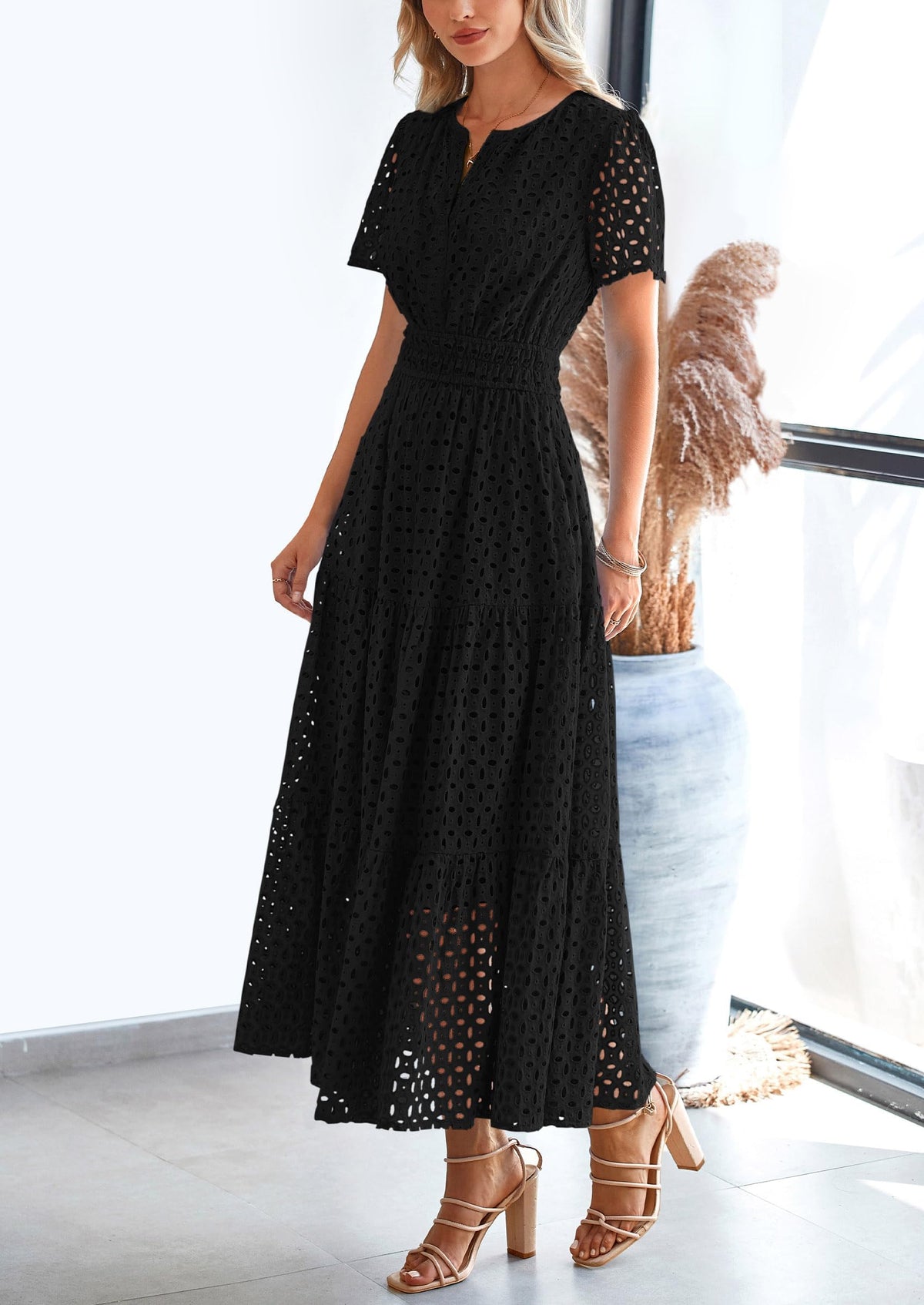Short Sleeve V Neck Hollow Out Eyelet A Line Long Beach Maxi Dress