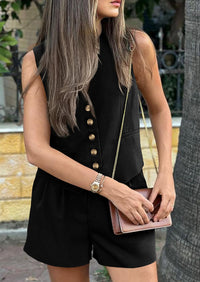 Button Down V Neck Vest Sleeveless Tops And Pockets Shorts 2 Piece Suits Sets