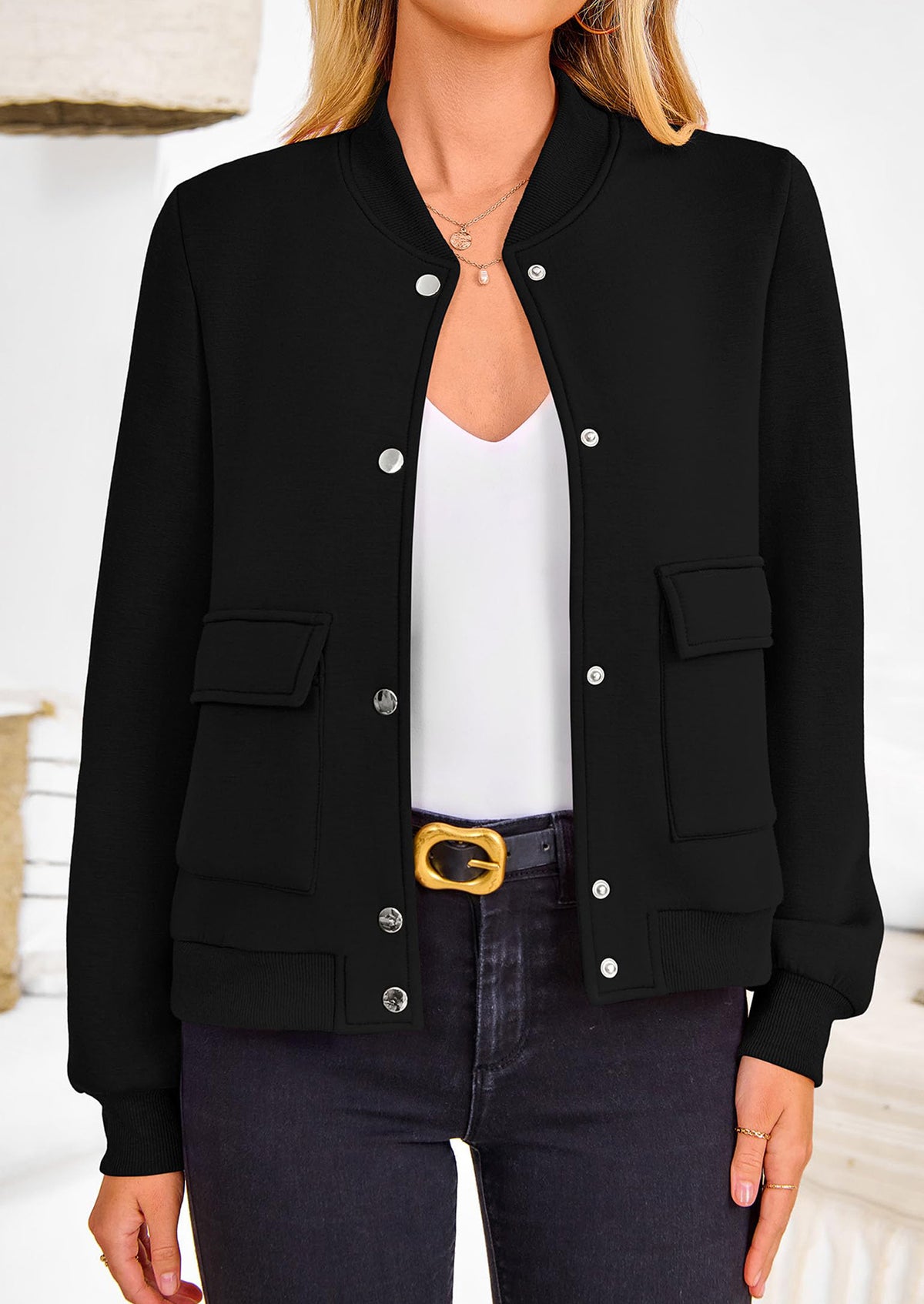 Casual Long Sleeve Button up Lightweight Varsity Bomber Jackets