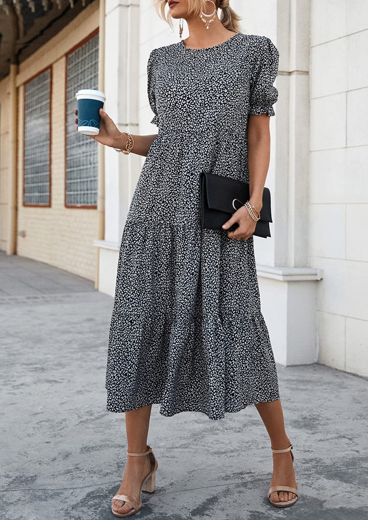 Casual Boho Floral Print Ruffle Puff Short Sleeve Flowy Beach Party Midi Dresses