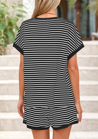 Striped Short Sleeved Top Casual Shorts Two-Piece Set