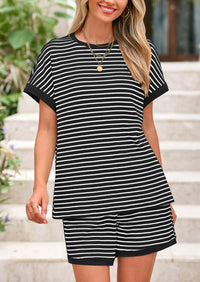 Striped Short Sleeved Top Casual Shorts Two-Piece Set