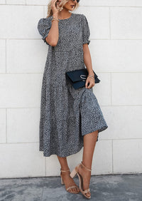 Casual Boho Floral Print Ruffle Puff Short Sleeve Flowy Beach Party Midi Dresses