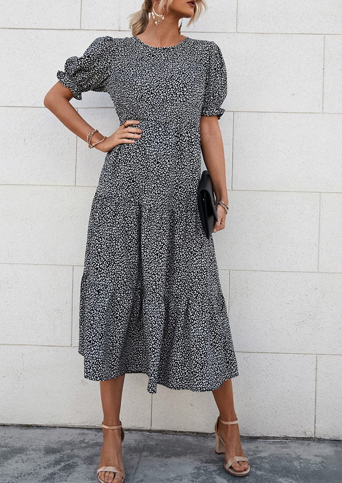 Casual Boho Floral Print Ruffle Puff Short Sleeve Flowy Beach Party Midi Dresses