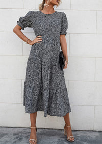 Casual Boho Floral Print Ruffle Puff Short Sleeve Flowy Beach Party Midi Dresses