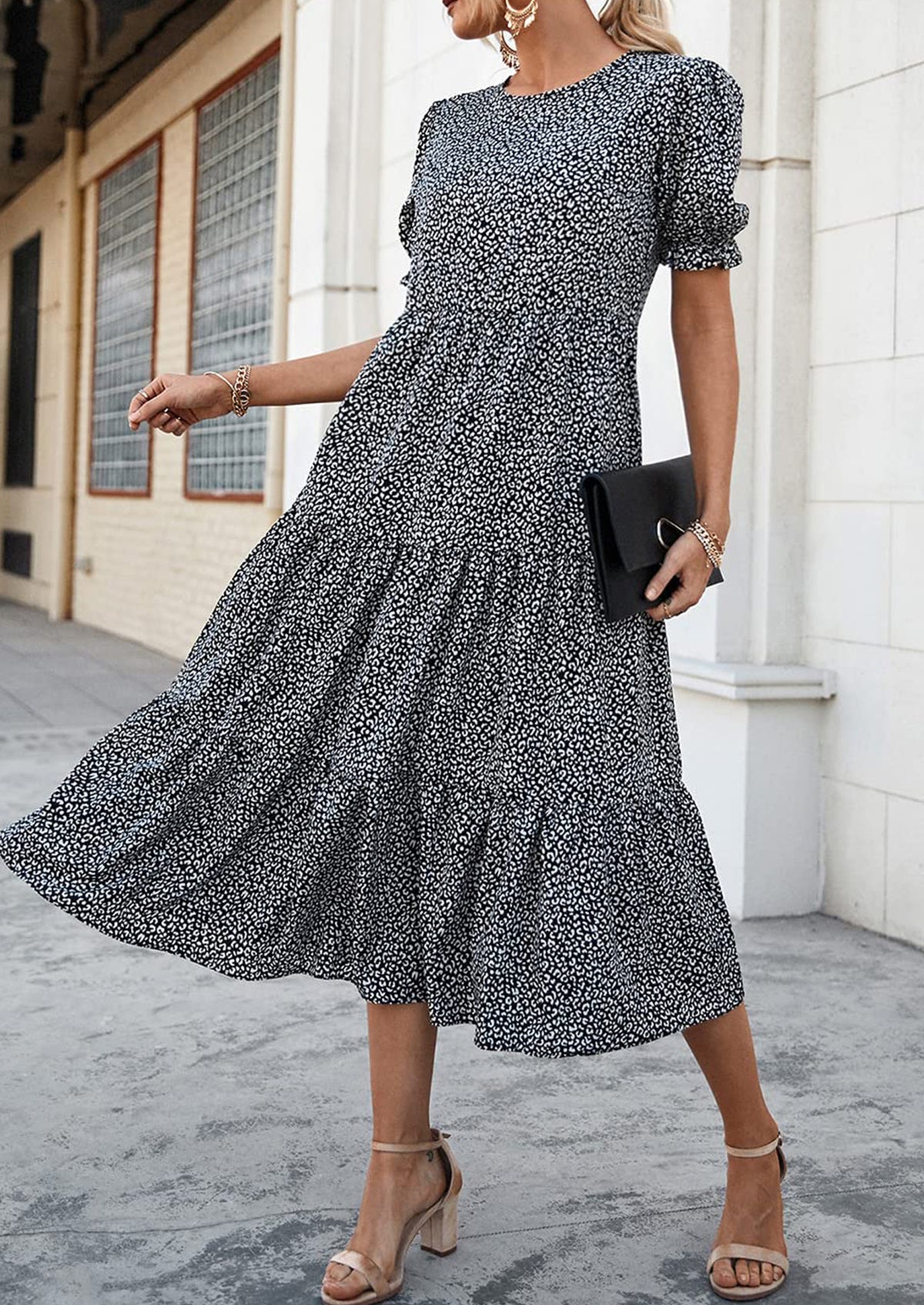 Casual Boho Floral Print Ruffle Puff Short Sleeve Flowy Beach Party Midi Dresses