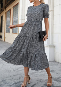 Casual Boho Floral Print Ruffle Puff Short Sleeve Flowy Beach Party Midi Dresses