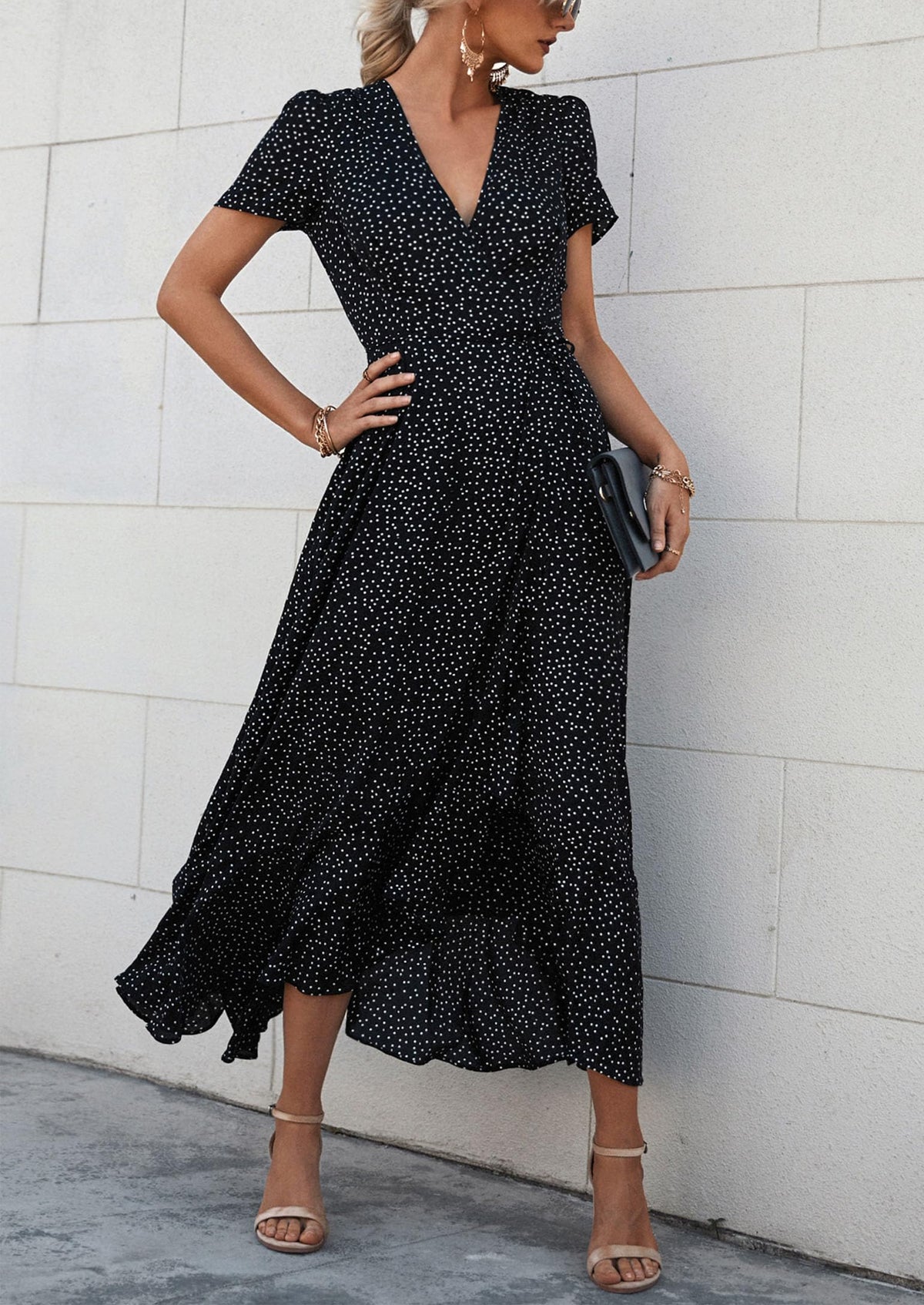 Floral V Neck Short Sleeve Midi Dresses