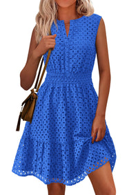 Sleeveless V Neck Eyelet Hollow Out Swing A Line Beach Vacation Dresses