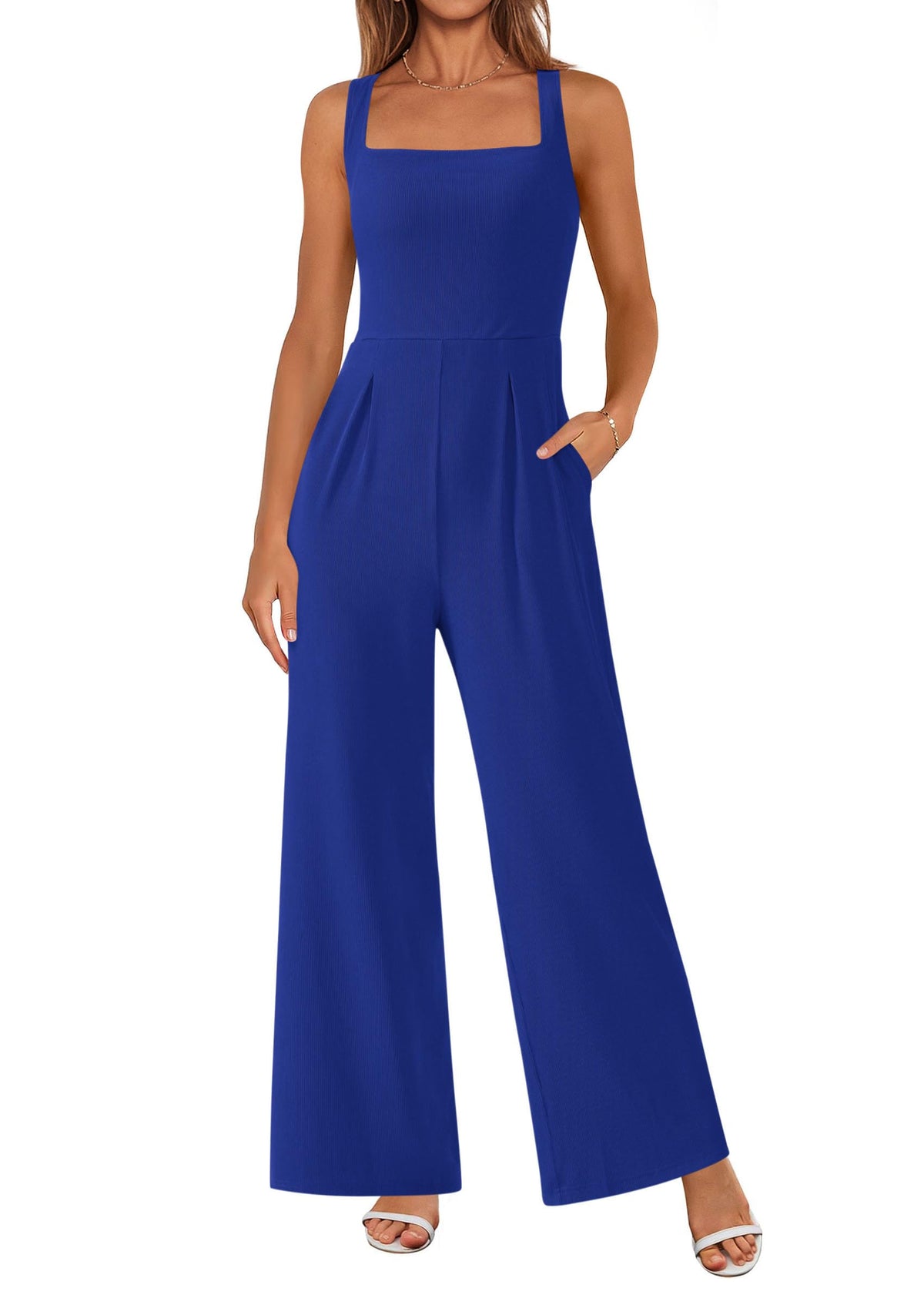 Sleeveless Dressy Square Neck Wide Leg Pants Knitted with Pockets Jumpsuits