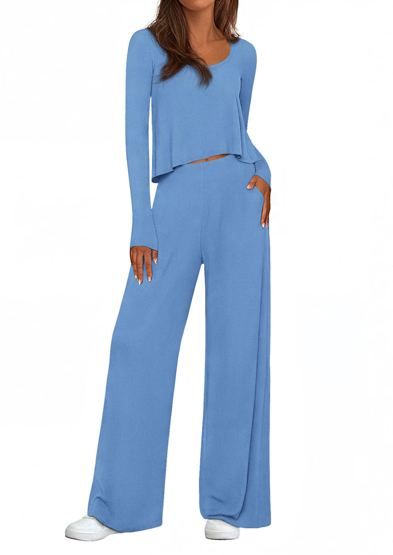 PRETTYGARDEN Women's 2 Piece Fall Sets  Casual Long Sleeve Shirts Wide Leg Pants Lounge Travel Outfits Fashion Clothing
