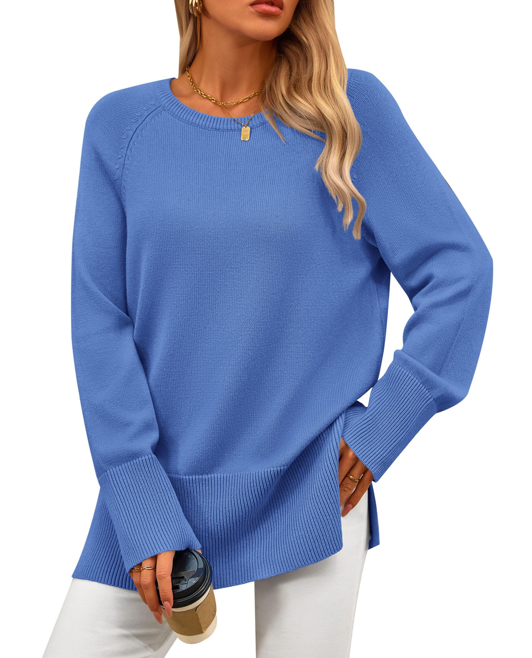 PRETTYGARDEN Women's Knit Fall Sweaters Long Sleeve Pullover Crewneck Split Hem Oversized Tunic Sweater Tops Winter Clothing