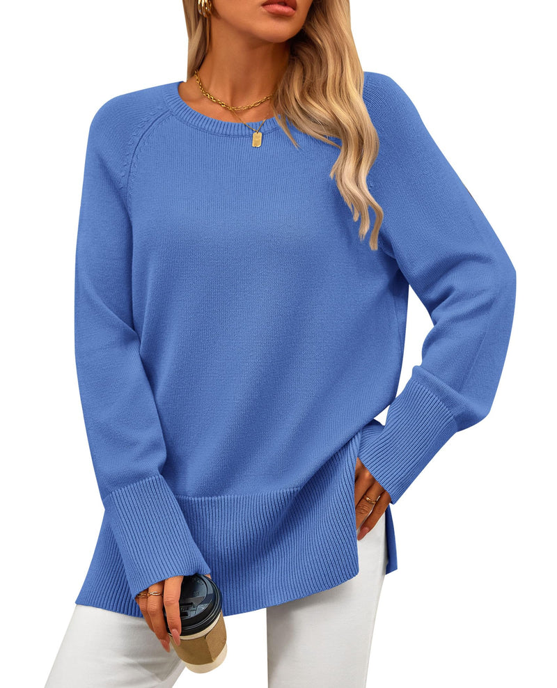 PRETTYGARDEN Women's Knit Fall Sweaters Long Sleeve Pullover Crewneck Split Hem Oversized Tunic Sweater Tops Winter Clothing