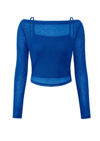Boat Neck Long Sleeve Sheer Crop Cover Up with Spaghetti Strap Camisole 2 Piece Blouses