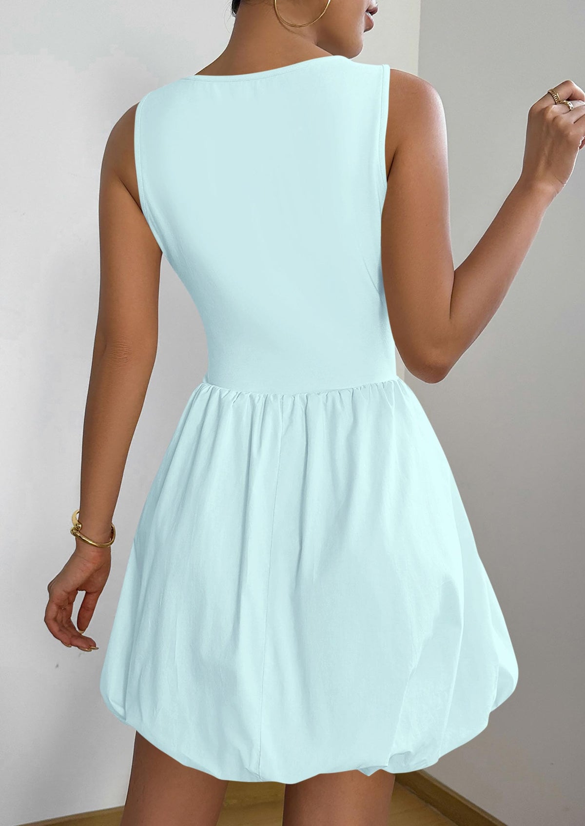 Casual Sleeveless Tank Mini Short Dress Crew Neck Bubble Dress with Pockets