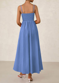 Smocked Beach Casual Spaghetti Strap Swing A Line Flowy Maxi Dresses