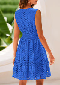 Sleeveless V Neck Eyelet Hollow Out Swing A Line Beach Vacation Dresses