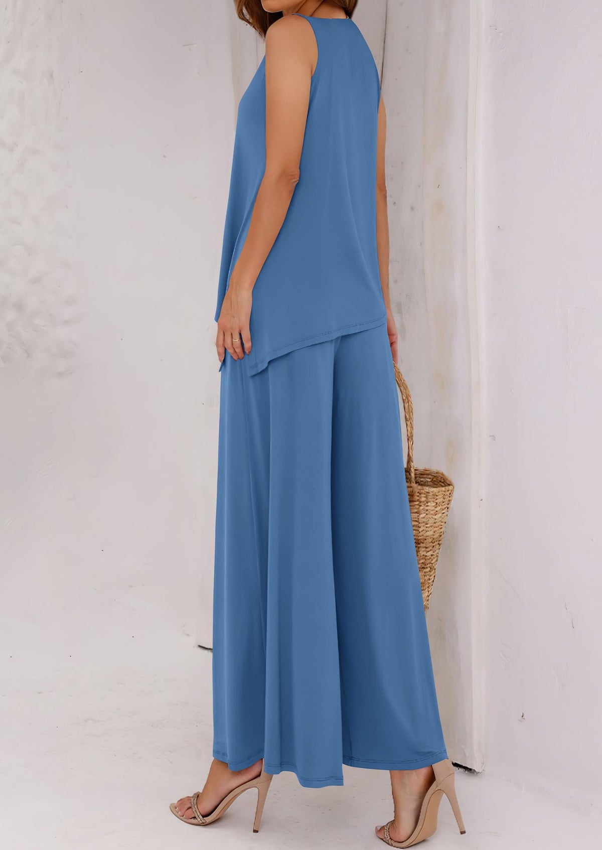 Asymmetrical Split Tank Tops Wide Leg Pants  Two Piece Sets
