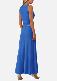 Crop Tank Top Flowy Midi Skirts Ribbed Knit Casual Two Piece Skirt Set