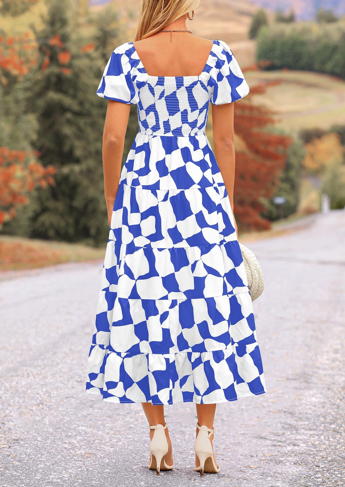 Off Shoulder Puff Sleeve Print Smocked Ruffle Beach Flowy Boho Midi Dress