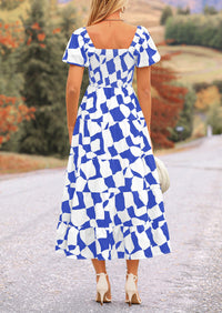 Off Shoulder Puff Sleeve Print Smocked Ruffle Beach Flowy Boho Midi Dress
