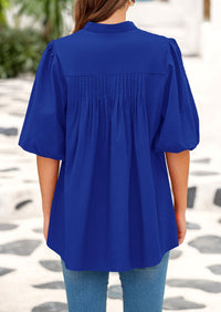 Lantern Sleeve Loose Fit Button Down Casual Pleated V Neck Blouses