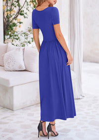 Casual Short Sleeve Ruched Patchwork A Line Pleated Swing Maxi Dresses with Pockets