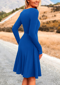 Ribbed Knit Crew Neck Long Sleeve A-Line Flowy Casual Elegant Mini Dresses