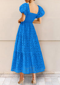 Eyelet Square Neck Puff Sleeve Smocked Maxi Dress with Pockets