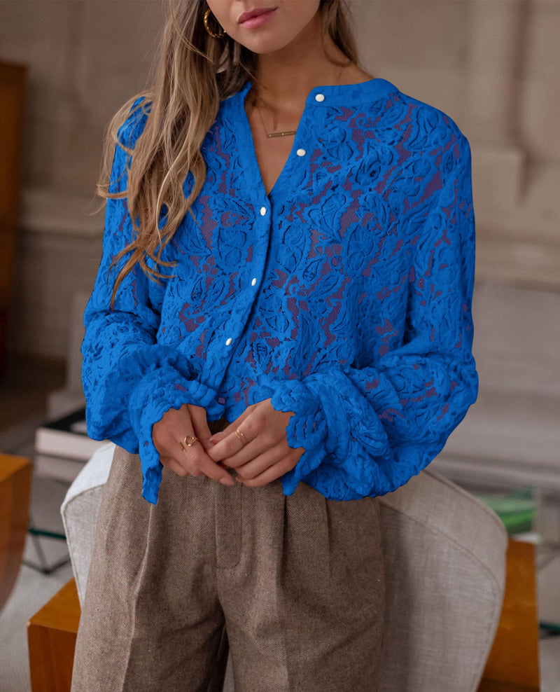 PRETTYGARDEN Women's Dressy Casual Lace Blouse Long Sleeve Button Up Shirts Tops Spring Fall Fashion Clothes
