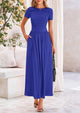 Casual Short Sleeve Ruched Patchwork A Line Pleated Swing Maxi Dresses with Pockets