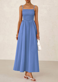 Smocked Beach Casual Spaghetti Strap Swing A Line Flowy Maxi Dresses