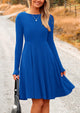Ribbed Knit Crew Neck Long Sleeve A-Line Flowy Casual Elegant Mini Dresses