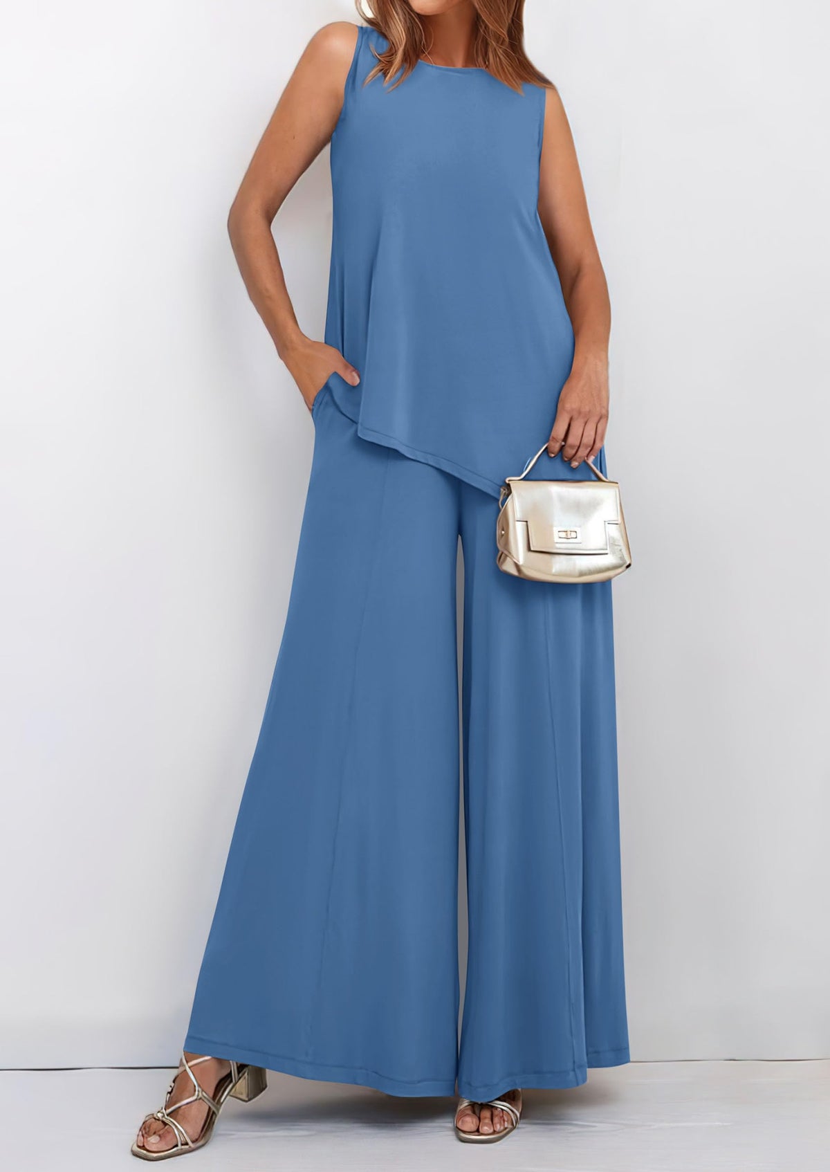 Asymmetrical Split Tank Tops Wide Leg Pants  Two Piece Sets
