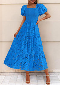 Eyelet Square Neck Puff Sleeve Smocked Maxi Dress with Pockets
