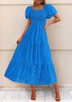Eyelet Square Neck Puff Sleeve Smocked Maxi Dress with Pockets