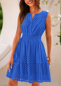 Sleeveless V Neck Eyelet Hollow Out Swing A Line Beach Vacation Dresses