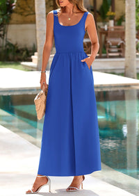 Casual Scoop Neck Sleeveless Patchwork A-line Swing Maxi Dresses with Pockets
