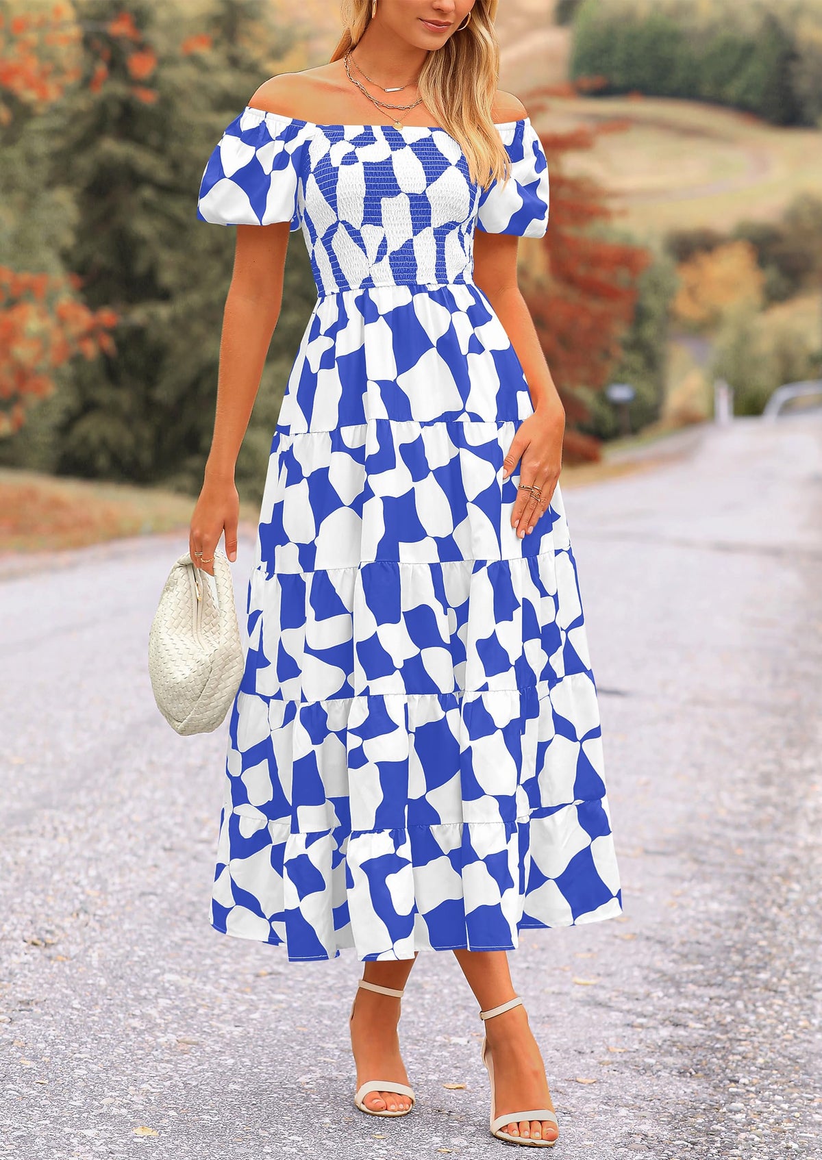 Off Shoulder Puff Sleeve Print Smocked Ruffle Beach Flowy Boho Midi Dress