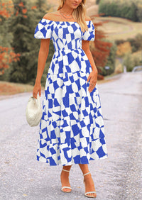 Off Shoulder Puff Sleeve Print Smocked Ruffle Beach Flowy Boho Midi Dress